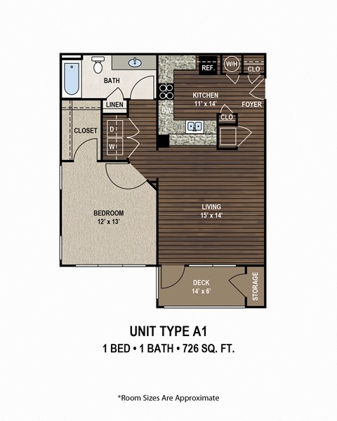 Floor plan for 1 bed, 1 bath, 726 sqft